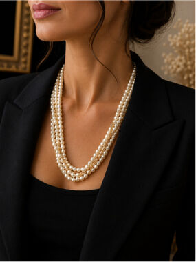 Vintage Multi Strand Faux Pearl Gold Tone Chain Statement Necklace Wedding